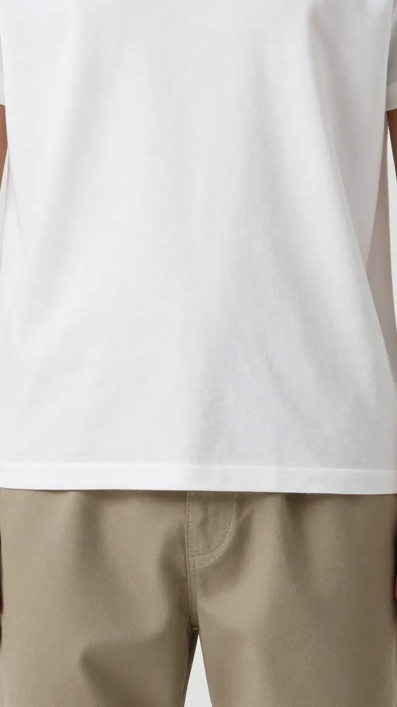 closeup white heavy-cotton tee tucked into taupe trousers