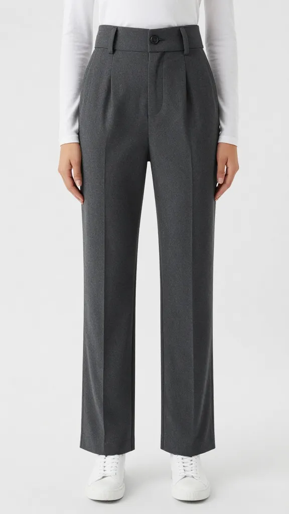 high-waist charcoal trousers waistband detail with single belt loop