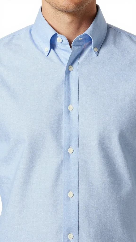 light-blue poplin button-down half-tucked, closeup on torso