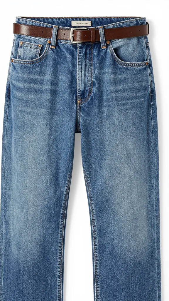 straight-leg mid-wash jeans with leather belt, waistband closeup