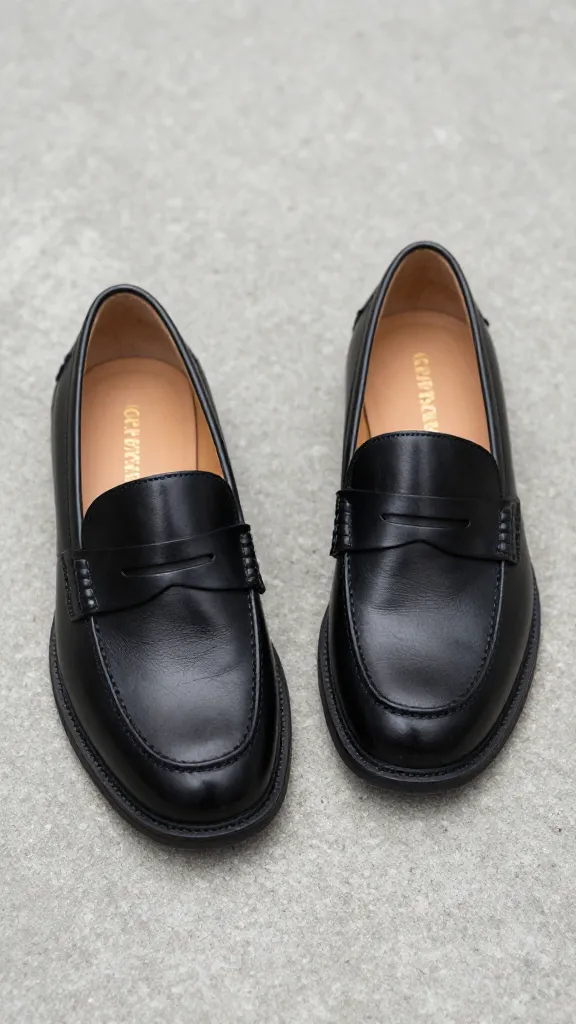 black leather penny loafer on concrete, shallow depth