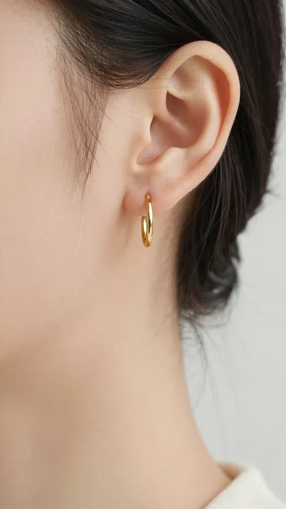 small gold hoop earring on ear, soft natural light