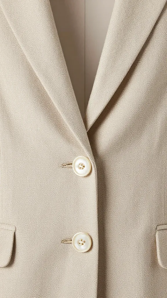sage linen co-ord blazer, closeup on pearl button
