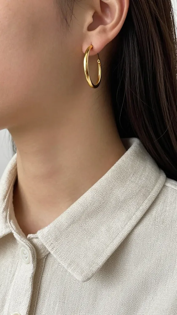 single gold hoop earring on linen co-ord collar