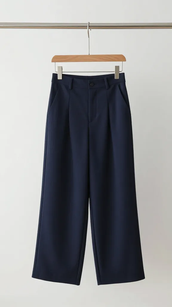 high-waisted navy wide-leg pants on minimalist clothing rack