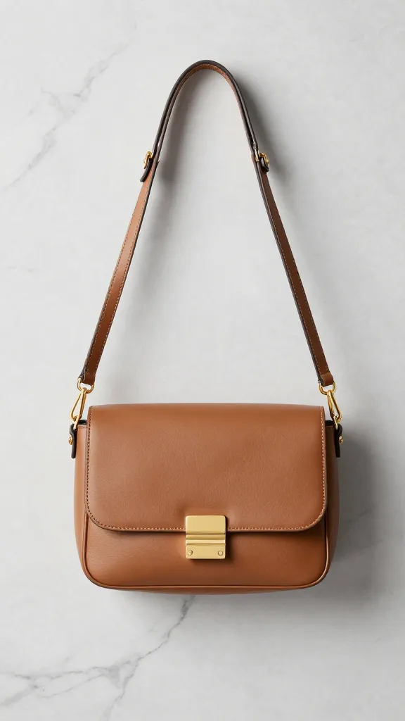 tan crossbody bag with gold hardware on marble slab