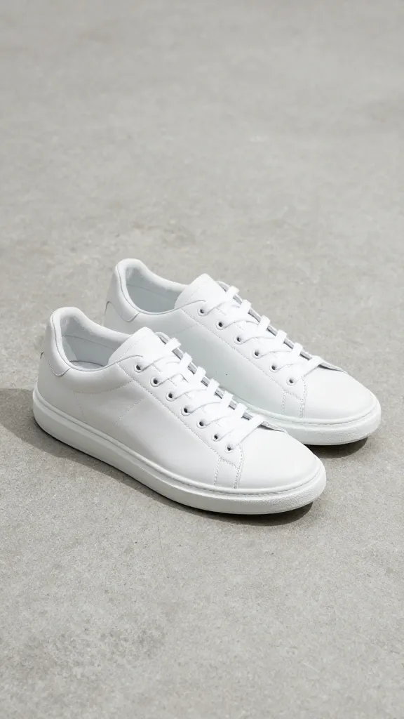 crisp white leather sneakers on concrete, minimal shadow