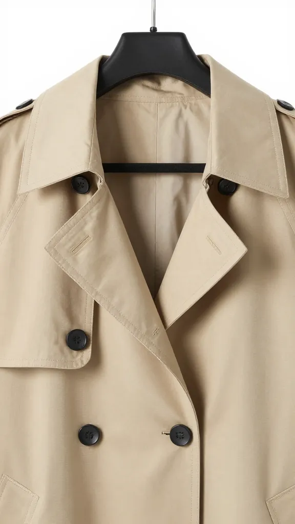 beige lightweight trench coat lapel closeup on hanger