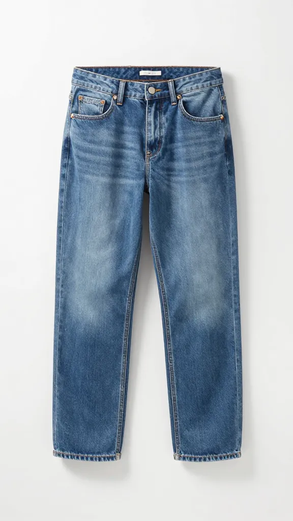 straight-leg mid-wash jeans folded on stool
