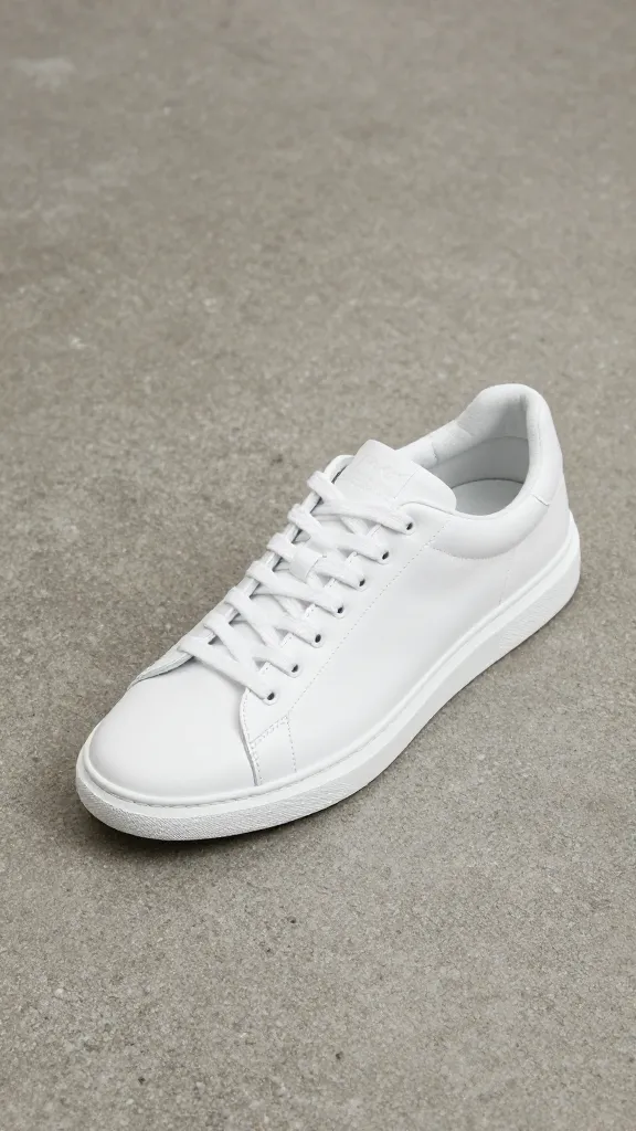 white leather sneaker, clean profile, on concrete floor