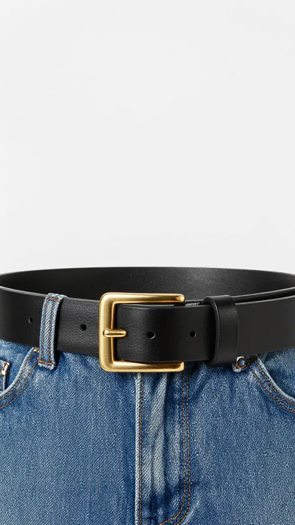 black leather belt with gold buckle on denim waistband