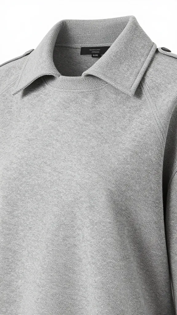 closeup heather gray structured sweatshirt chest with trench lapel
