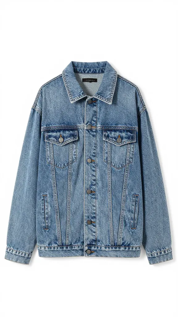 oversized light-wash denim jacket collar detail, clean backdrop