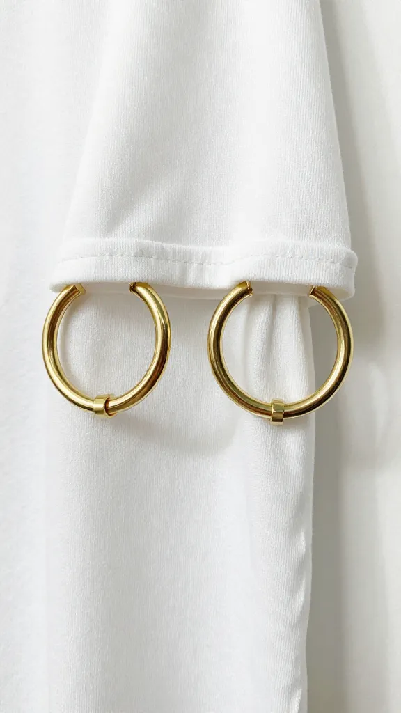 closeup of boxy white cotton tee with chunky gold hoops