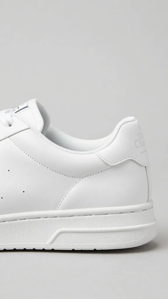crisp white sneaker on neutral backdrop, detail closeup