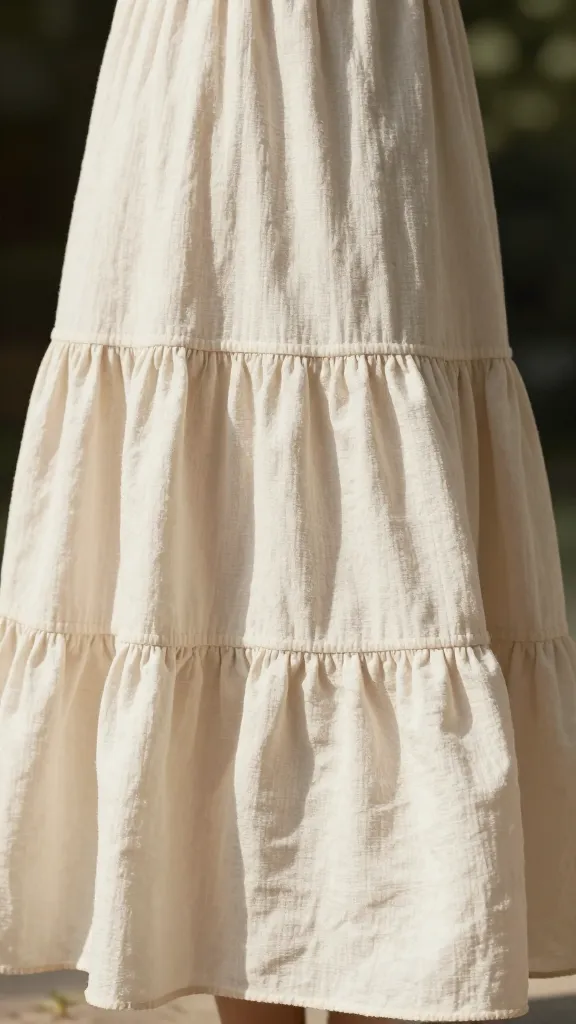 closeup tiered cotton boho maxi dress, sunlit fabric movement
