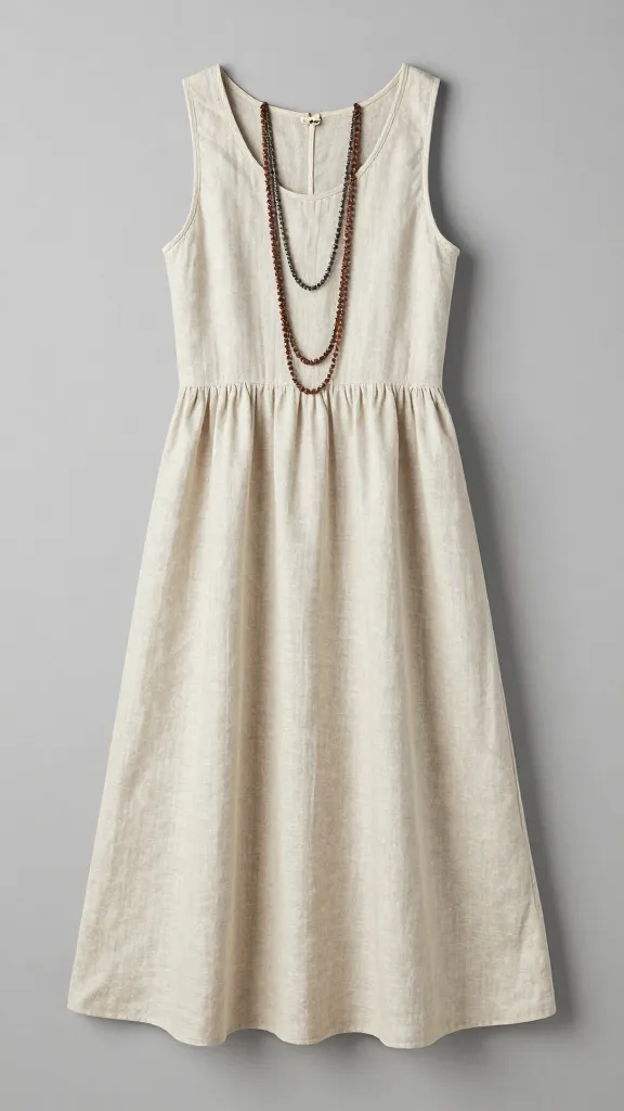 linen-blend A-line boho dress neckline with layered necklaces