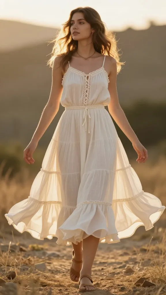viscose ruffled boho midi hem twirling, golden hour backlight