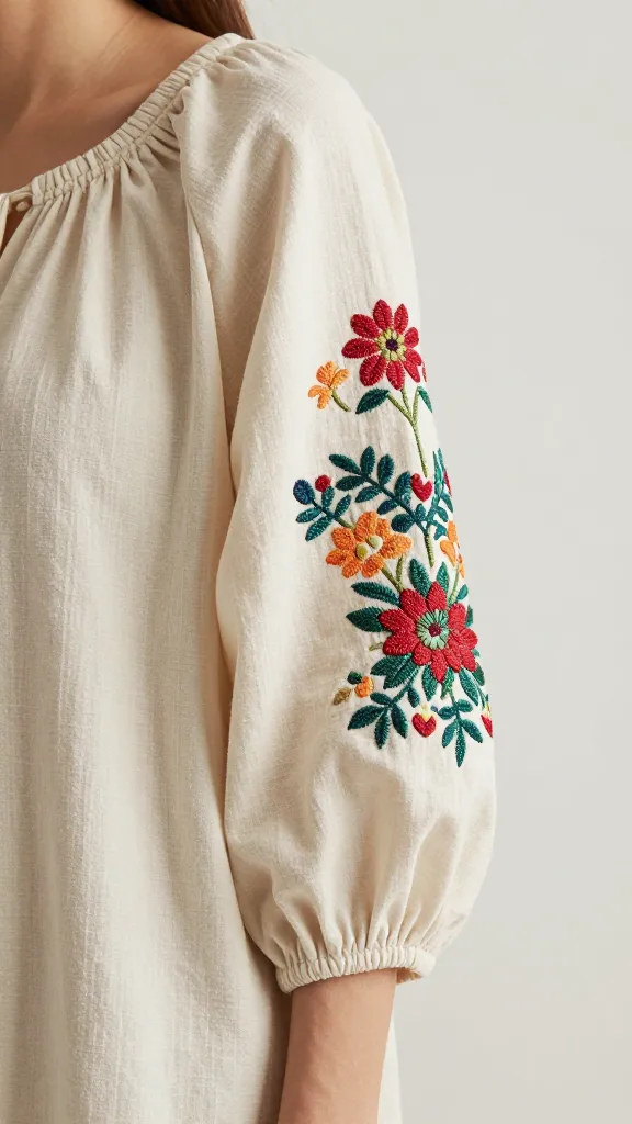 embroidered boho peasant dress sleeve detail, soft natural light