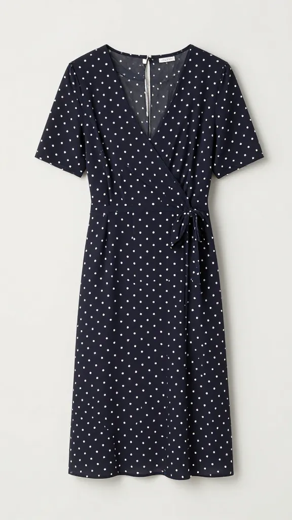 polka dot wrap dress V-neck detail, soft studio lighting