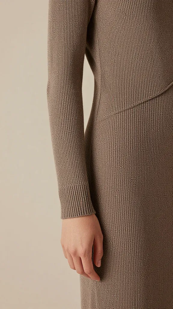 ribbed knit wrap dress sleeve cuff, neutral backdrop