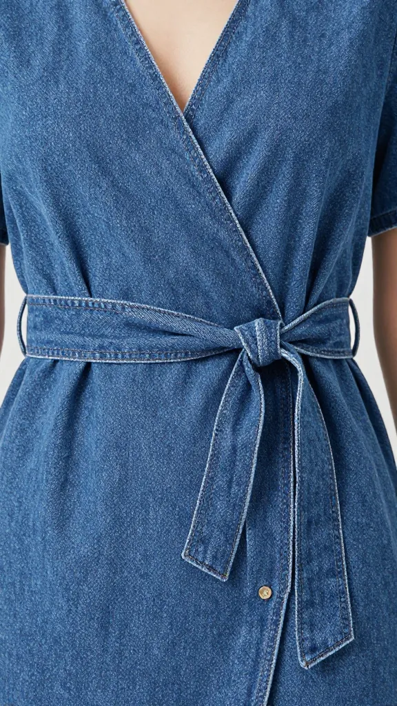 denim wrap dress belt knot, shallow depth of field