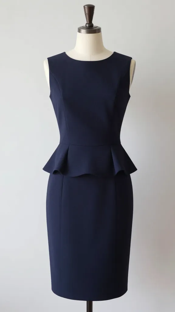 navy pencil peplum dress on mannequin, office lighting