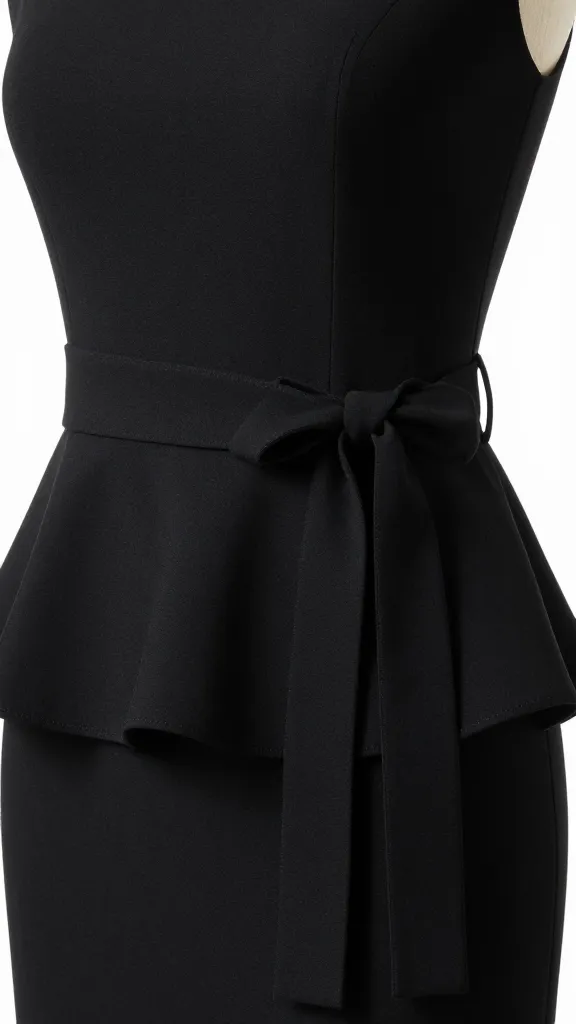 black belted peplum sheath, closeup waist flare detail