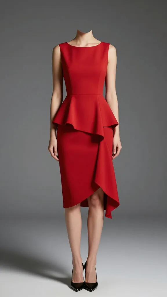 red asymmetric peplum cocktail dress, studio spotlight