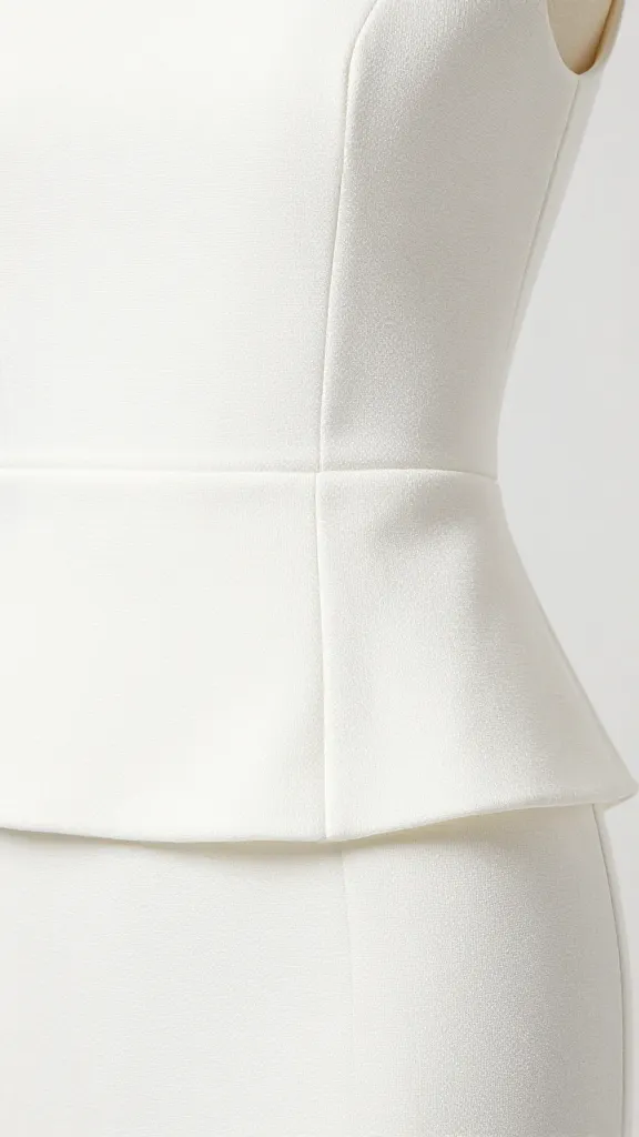 white textured peplum dress, closeup tailored seams