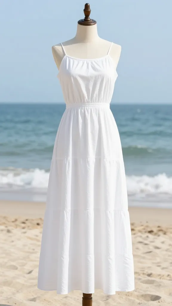 breezy white cotton maxi dress on beachside mannequin