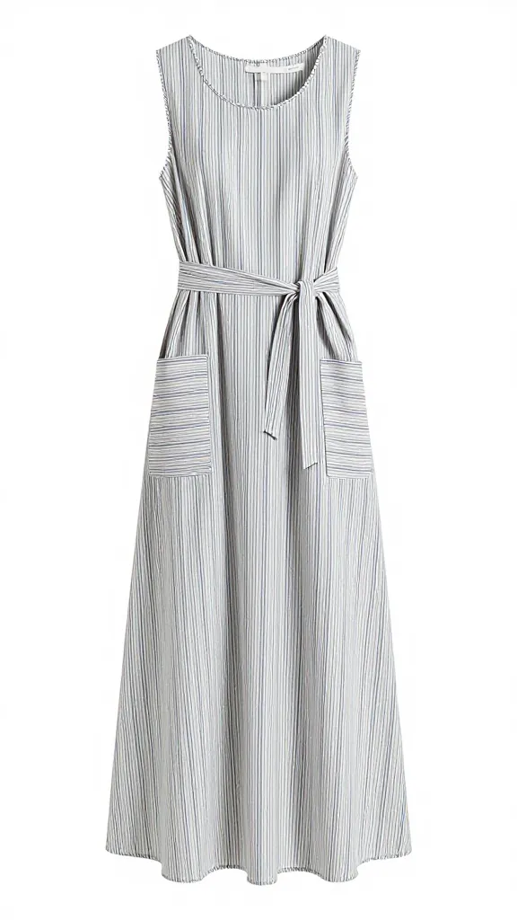 striped cotton maxi dress detail, waist tie and pockets
