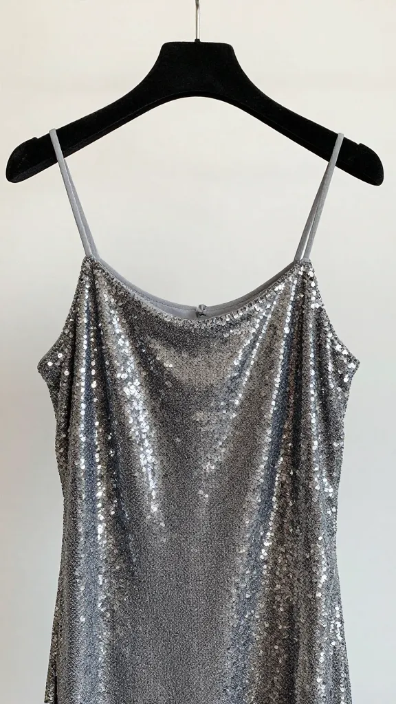 closeup silver sequin slip dress on velvet hanger