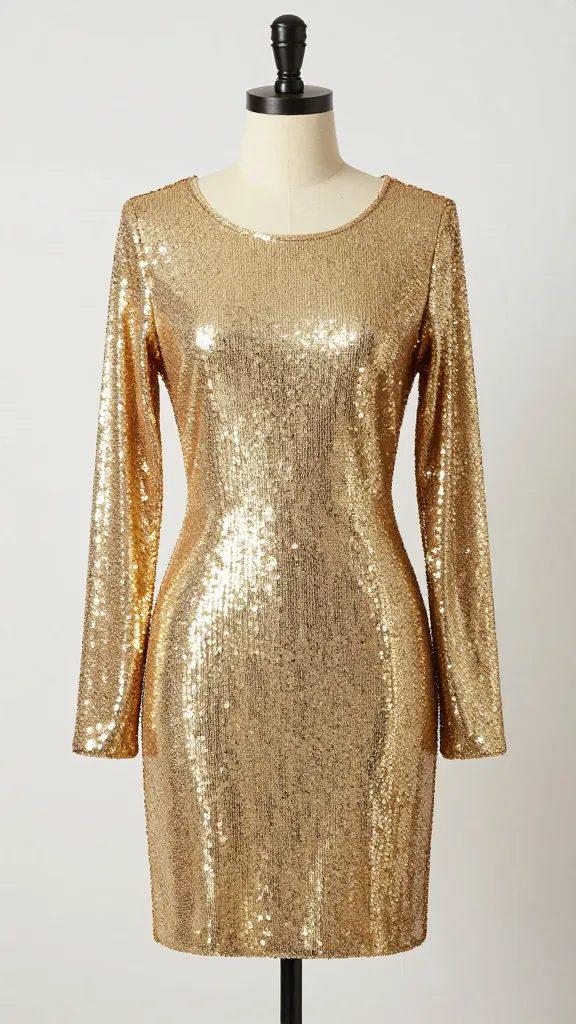 gold long-sleeve sequin mini dress on dress form