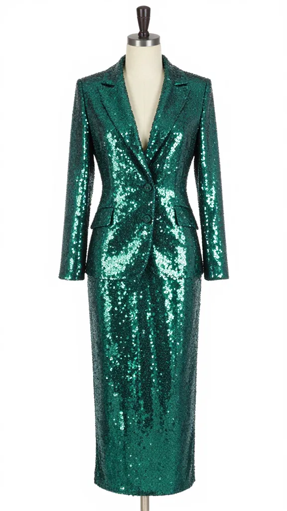 emerald sequin blazer dress on mannequin, studio lighting
