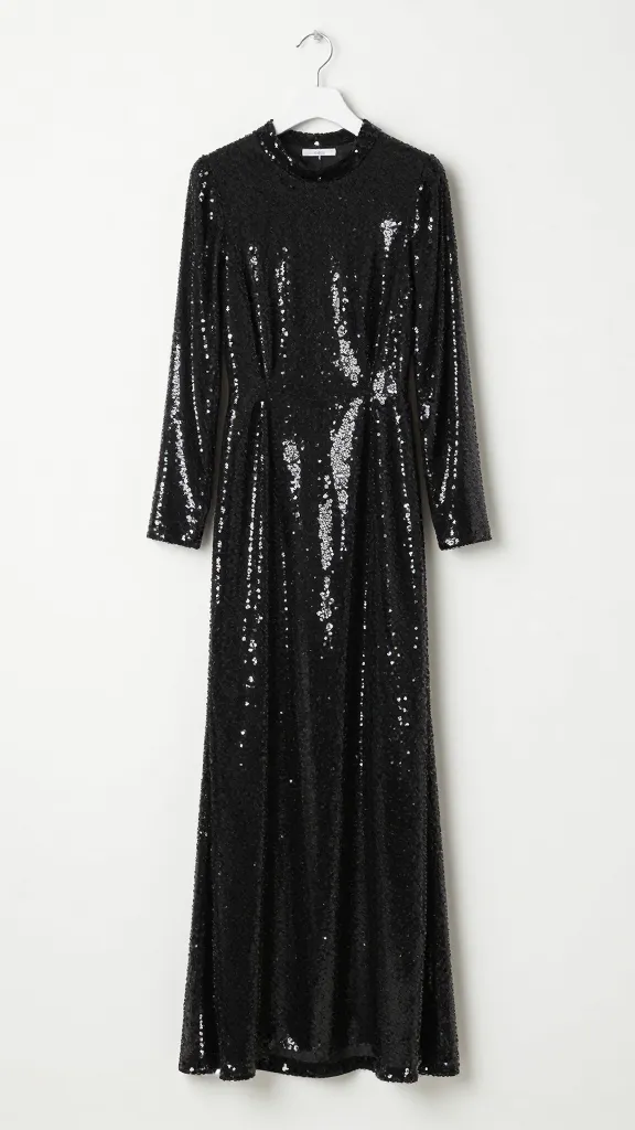 black high-neck sequin gown on hanger, white backdrop