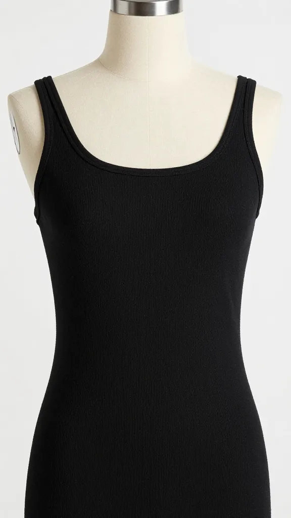 black ribbed tank slip dress on mannequin, studio closeup