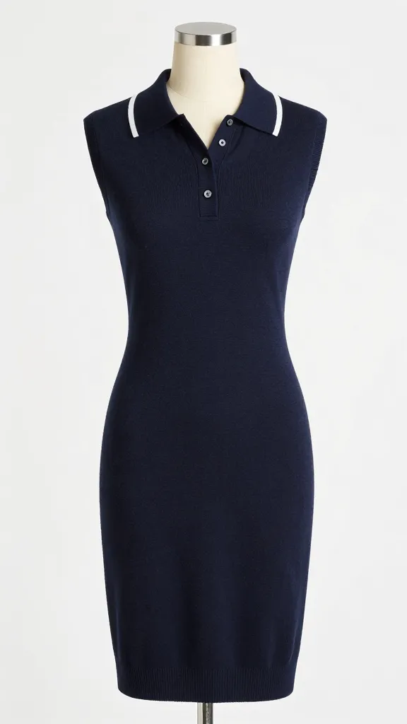 navy knit polo dress on dress form, collar detail