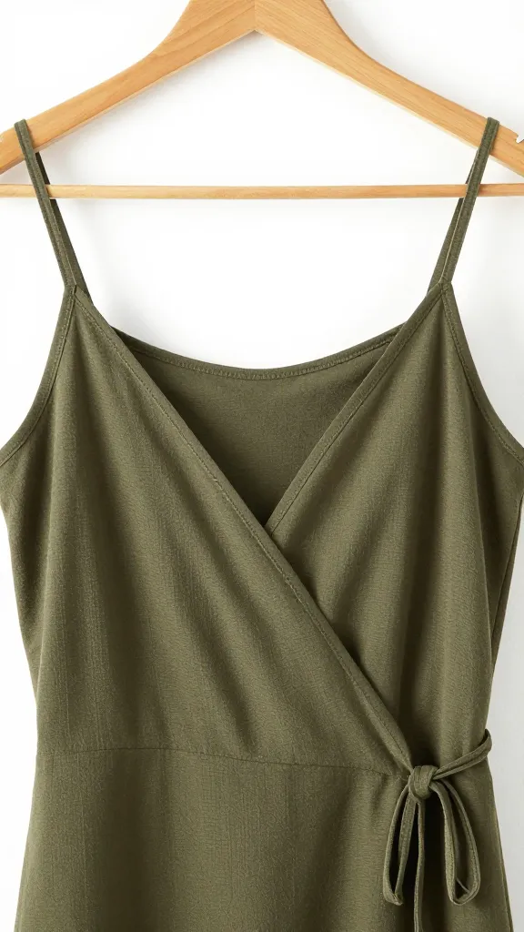olive jersey wrap-front slip dress on hanger, texture closeup