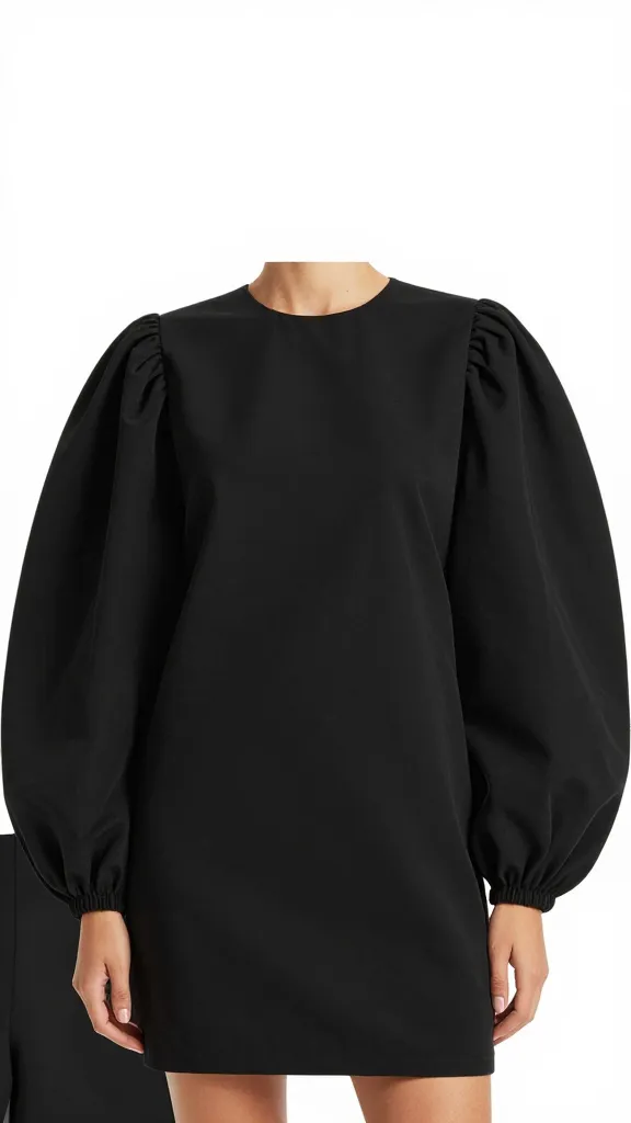 black mini dress with oversized balloon sleeves, studio closeup