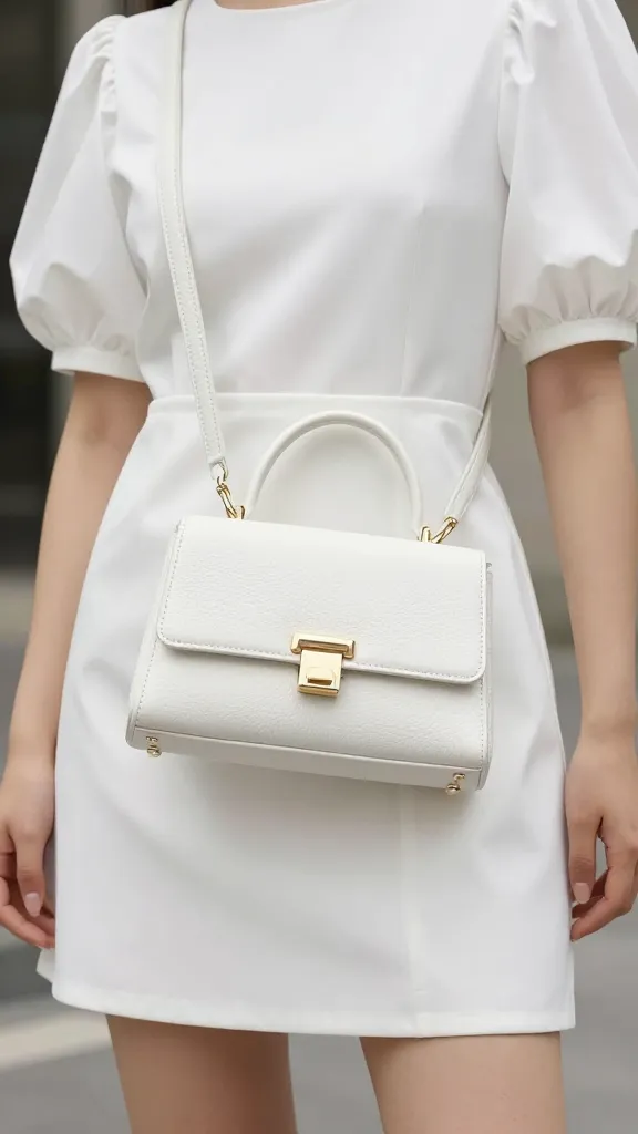 white balloon-sleeve mini dress, closeup with structured mini bag