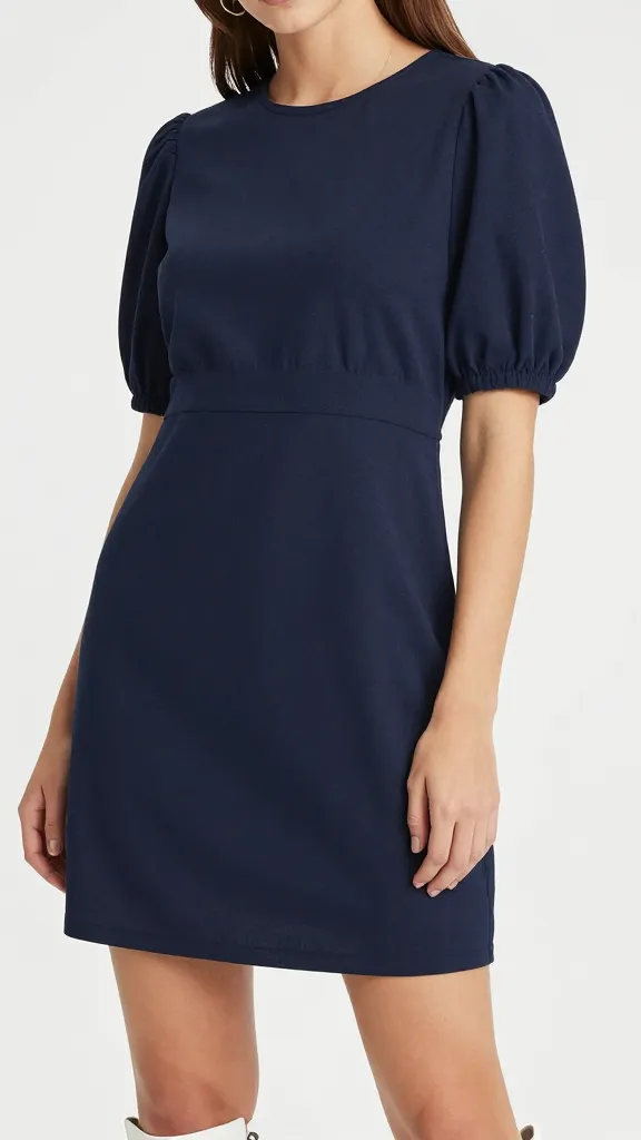 navy balloon-sleeve mini dress, closeup with white sneakers