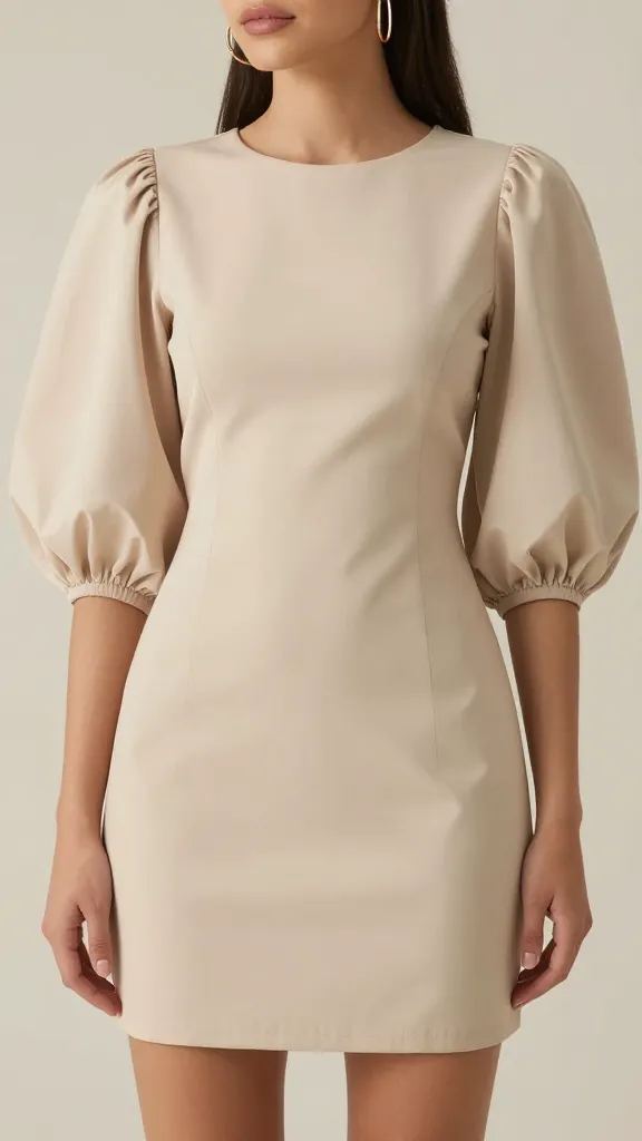 beige balloon-sleeve mini dress, closeup with gold hoop earring
