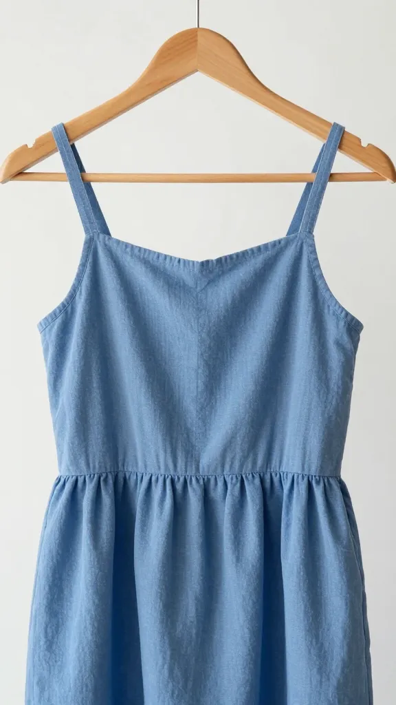 closeup of blue cotton A-line sundress on wooden hanger