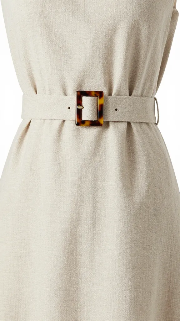 linen A-line sundress waist detail with tortoise belt buckle