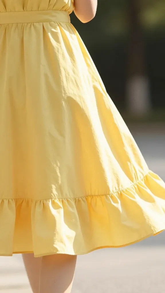 yellow sundress skirt hem fluttering in sunlight, shallow depth
