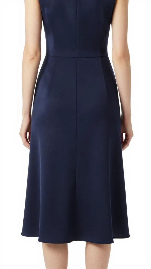 closeup navy silk tea-length A-line dress, mid-calf hem