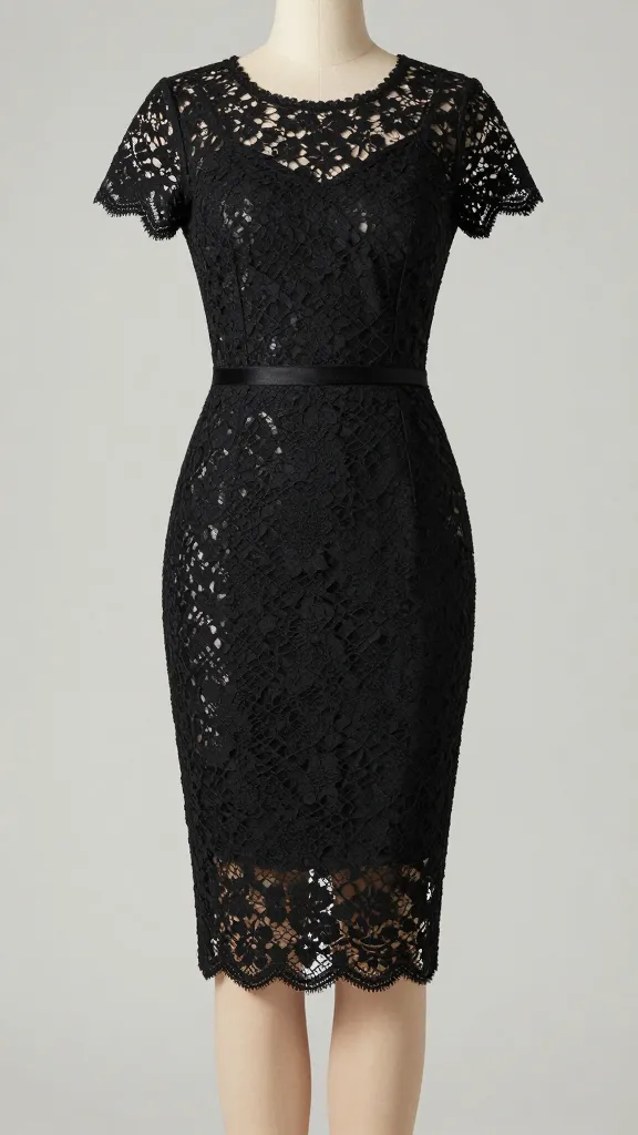 black lace tea-length sheath dress, scalloped hem detail