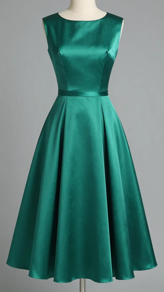 emerald satin tea-length fit-and-flare dress, pleated skirt
