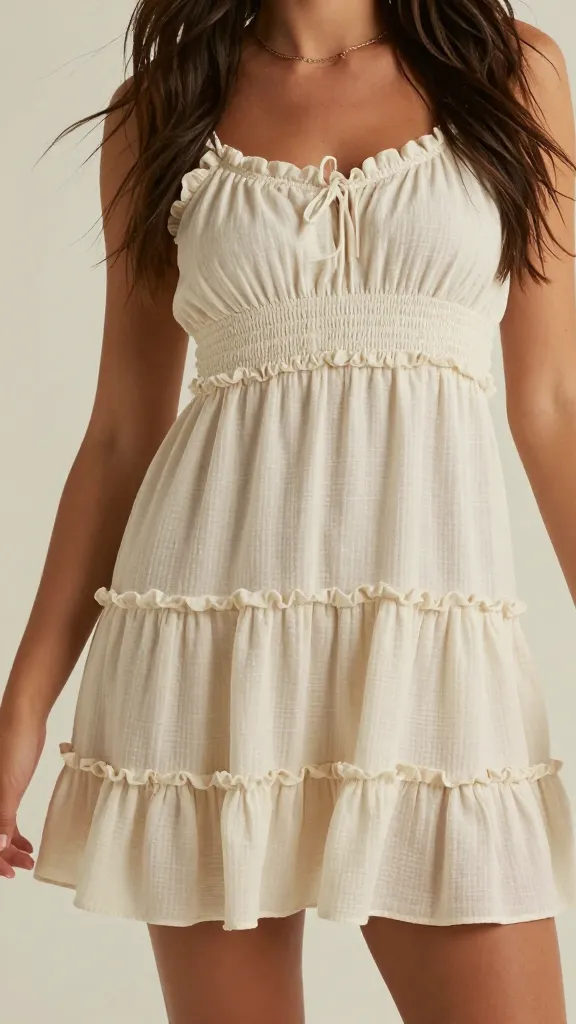 closeup boho ruffle mini dress with soft tiers, wind-swept